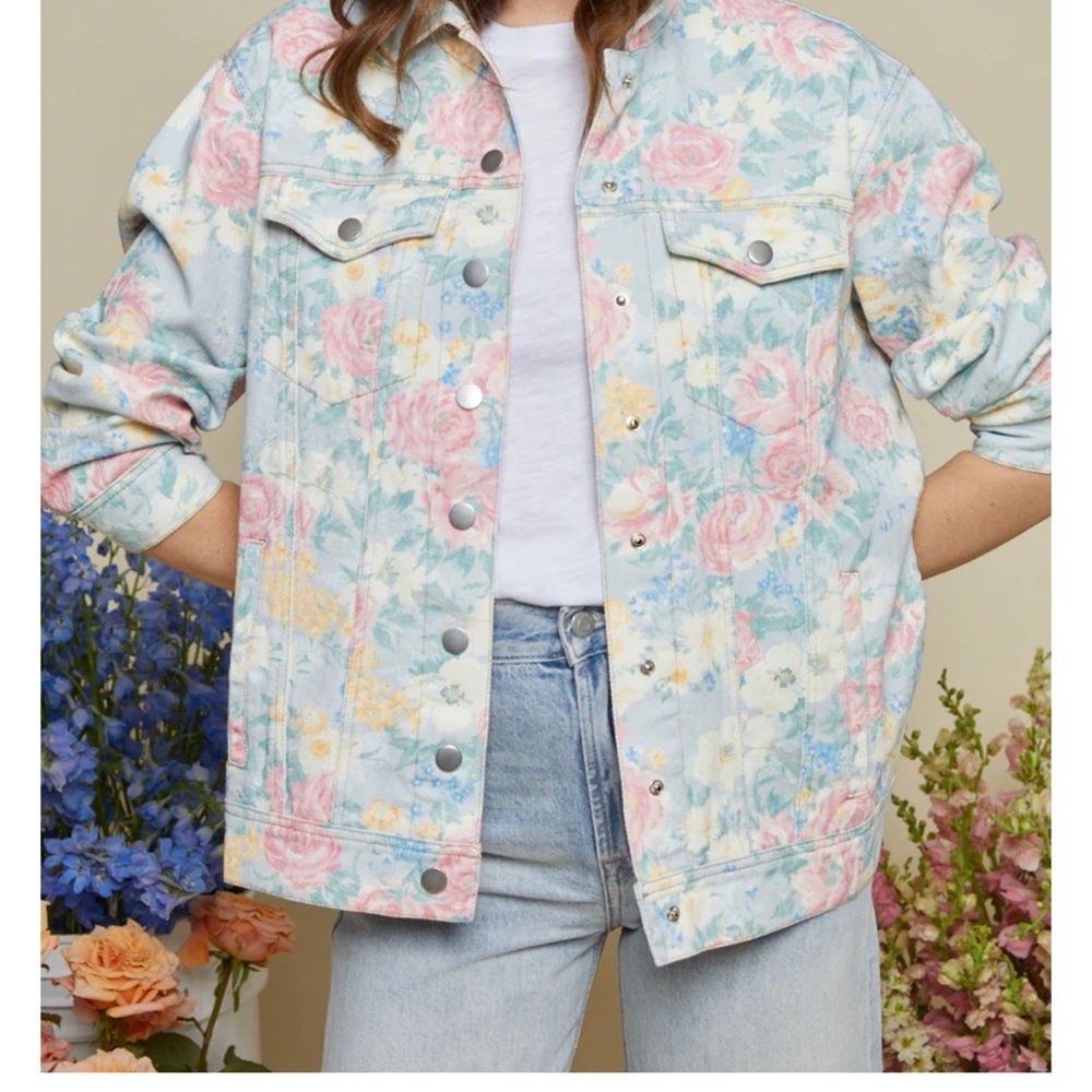 Pastel Floral Denim Jacket - Women's Light Blue & Pink